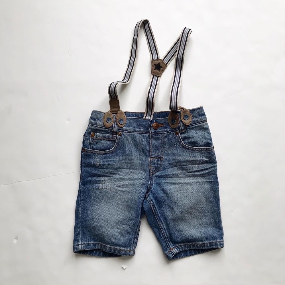 H&M distressed denim suspender shorts EUC 1.5-2Y